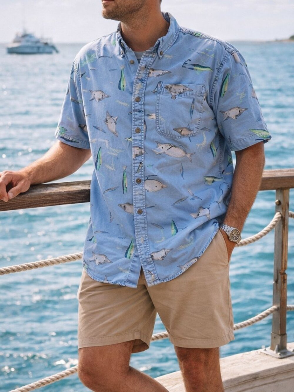 Columbia Mens Fishing Shirt Blue Fish Print Coastal Dadcore XL